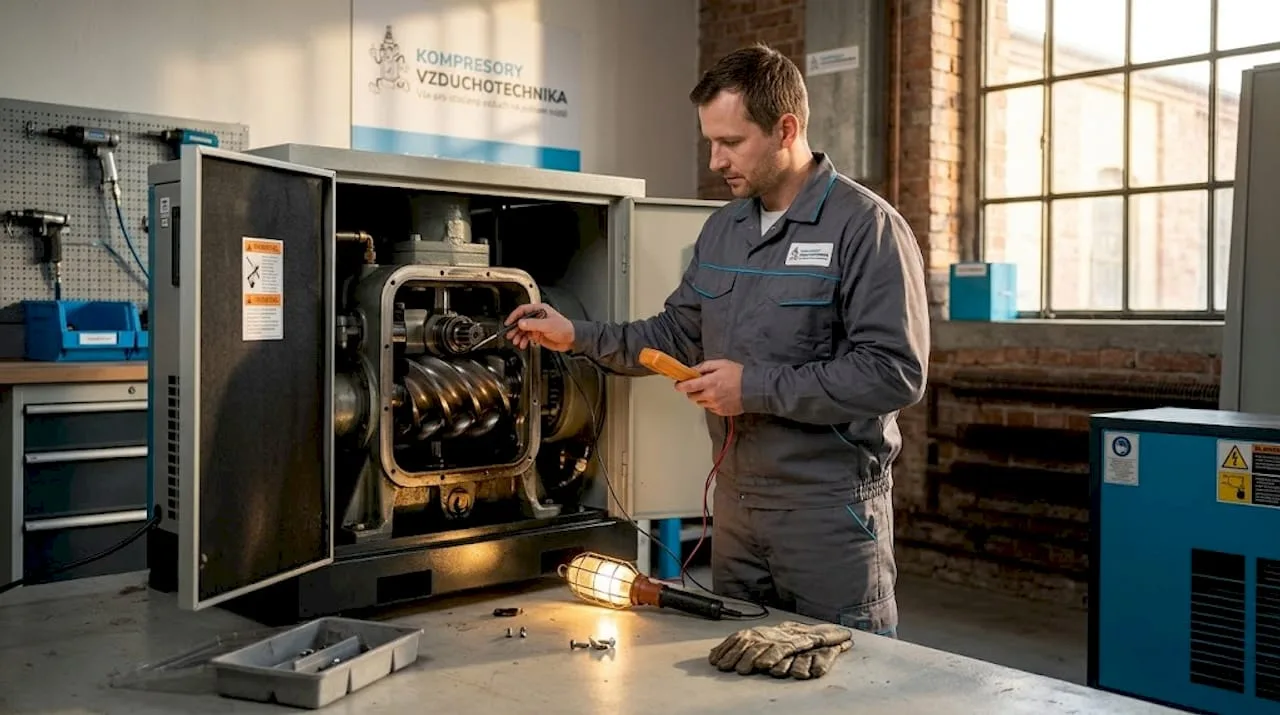 Servisní technik se stará o údržbu šroubového kompresoru.