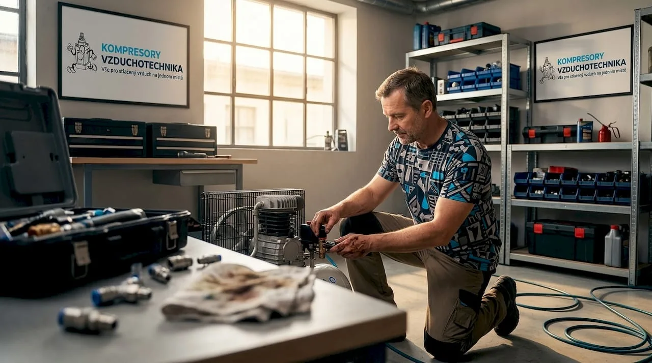 V přeplněné dílně právě muž prohlíží kompresor, aby se ujistil, že funguje správně.