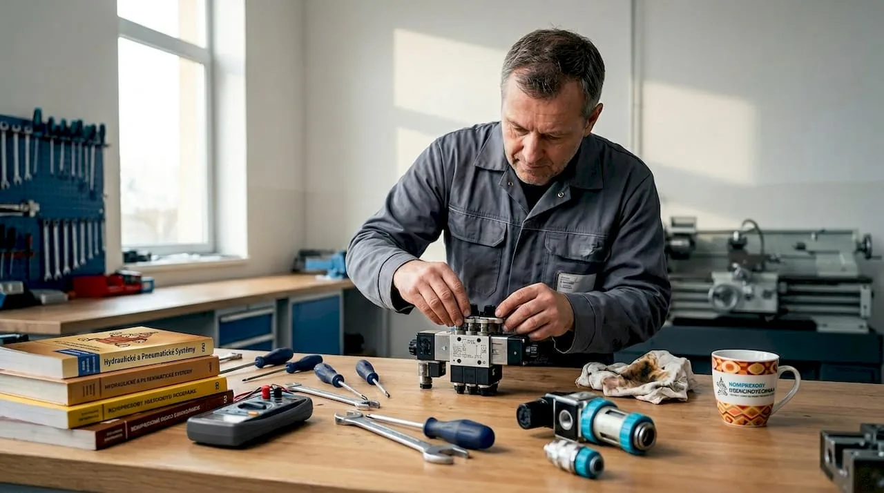 Servisní technik provádí kontrolu modulárního hydraulického ventilu.
