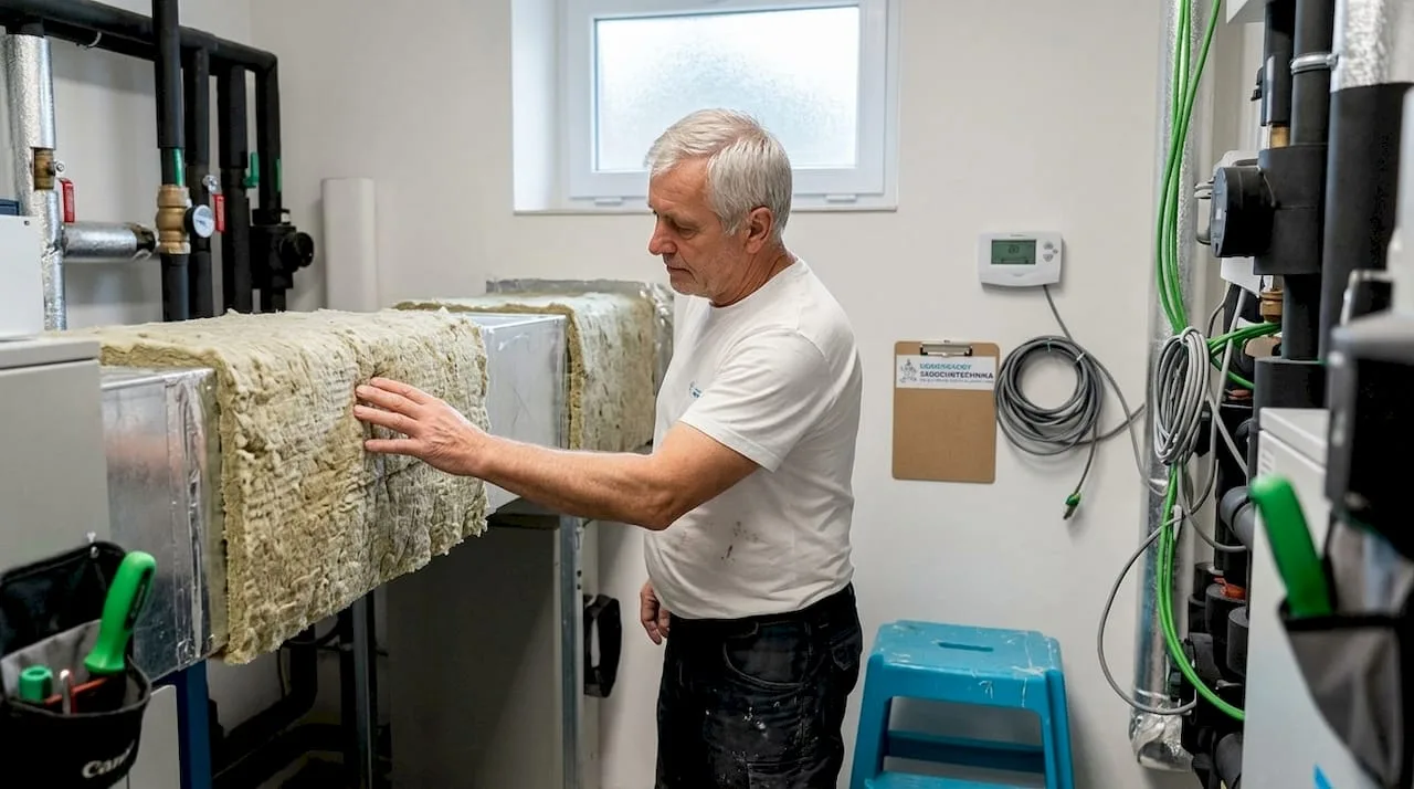 Technik provádí kontrolu zatepleného vzduchotechnického potrubí.