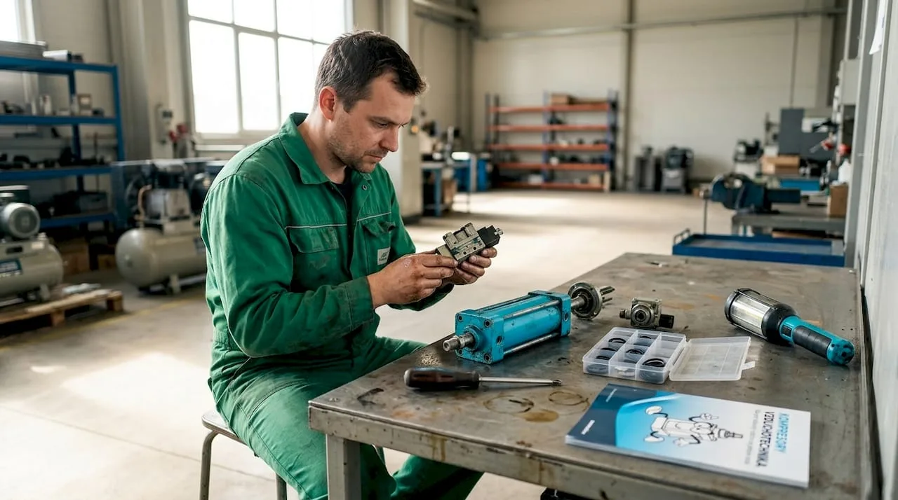 Technik provádí kontrolu ventilu v pneumatickém systému.