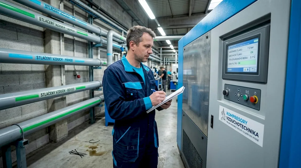 Servisní technik provádí kontrolu průmyslové vzduchové sušičky.