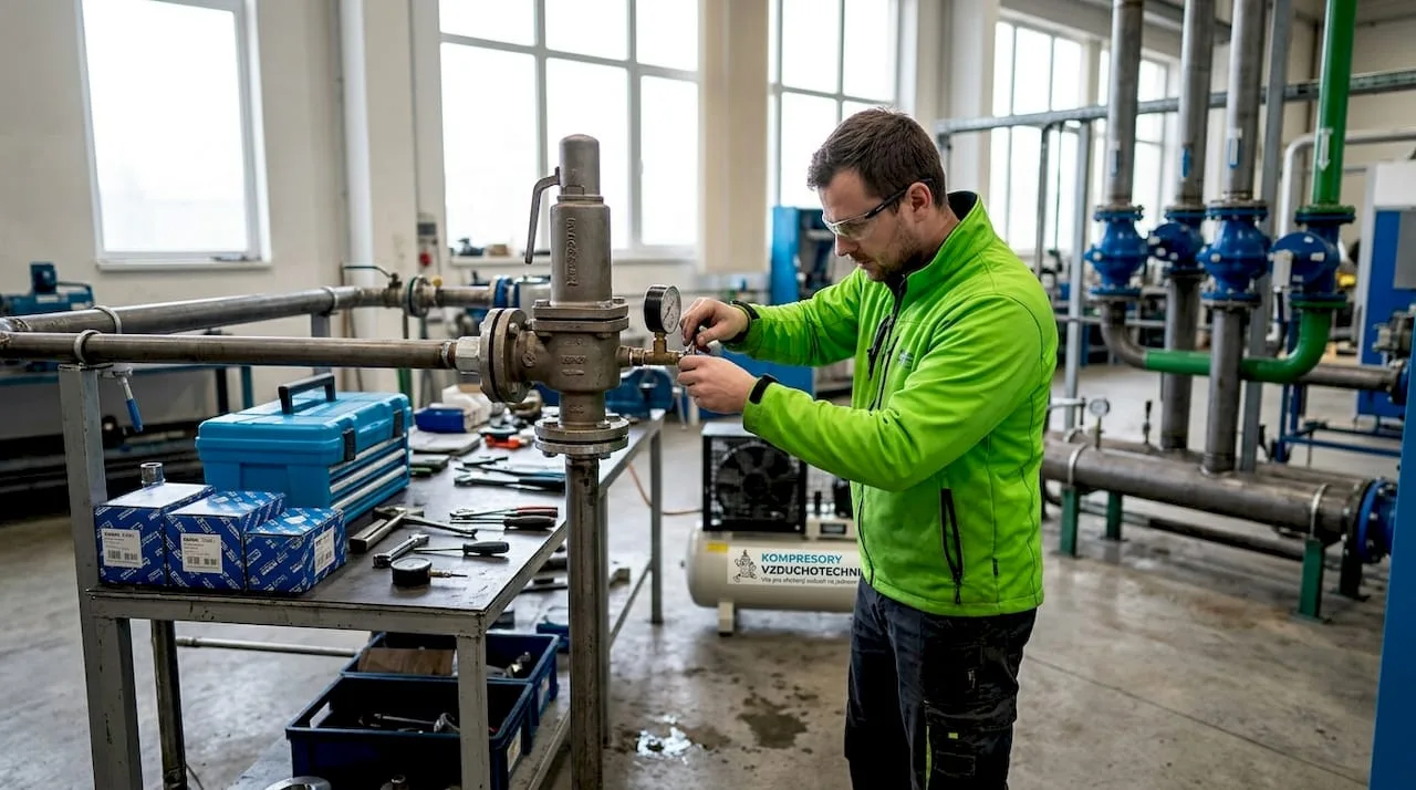Technik kontroluje bezpečnostní ventil v dílně.