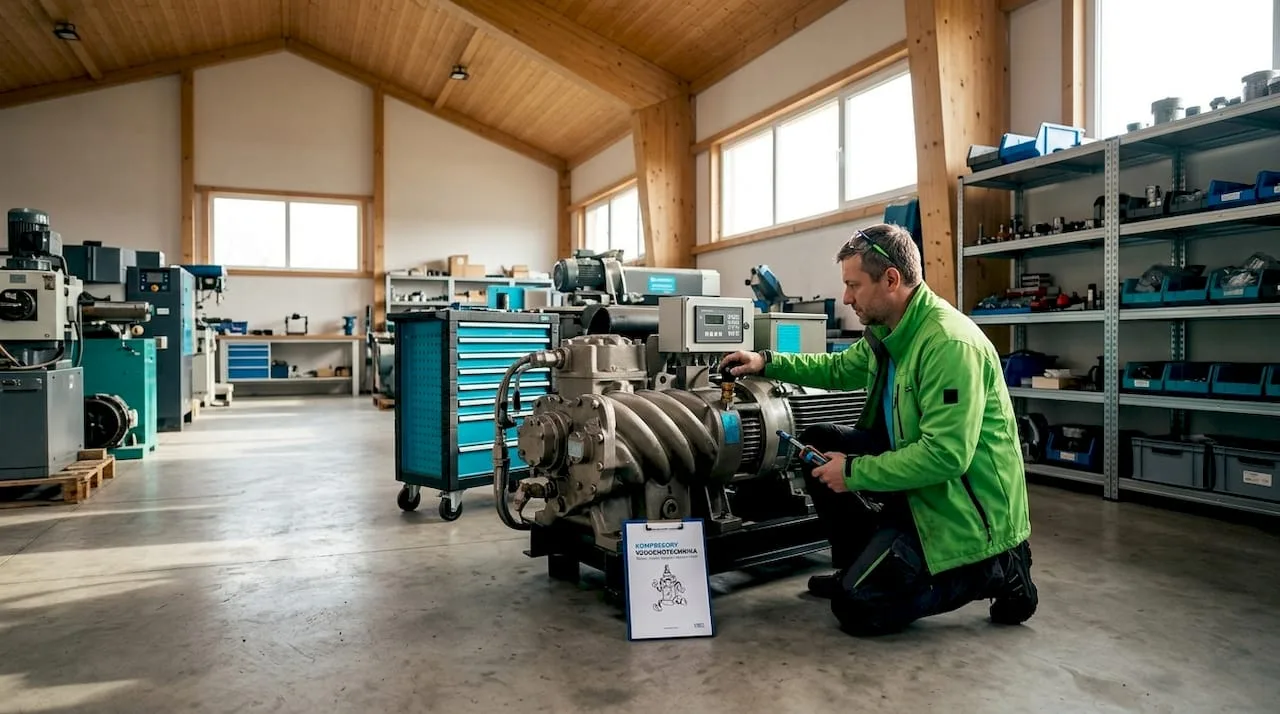 Technik provádí kontrolu průmyslového kompresoru