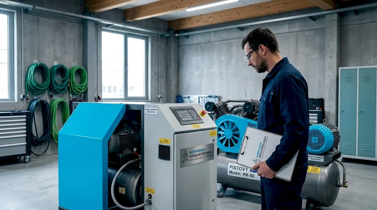 Technik provádí kontrolu šroubových a pístových kompresorů