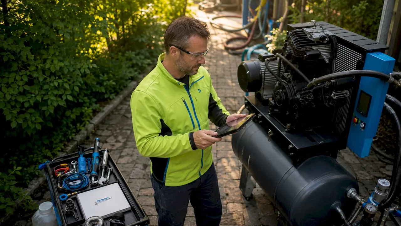 Technik provádí kontrolu systému stlačeného vzduchu.