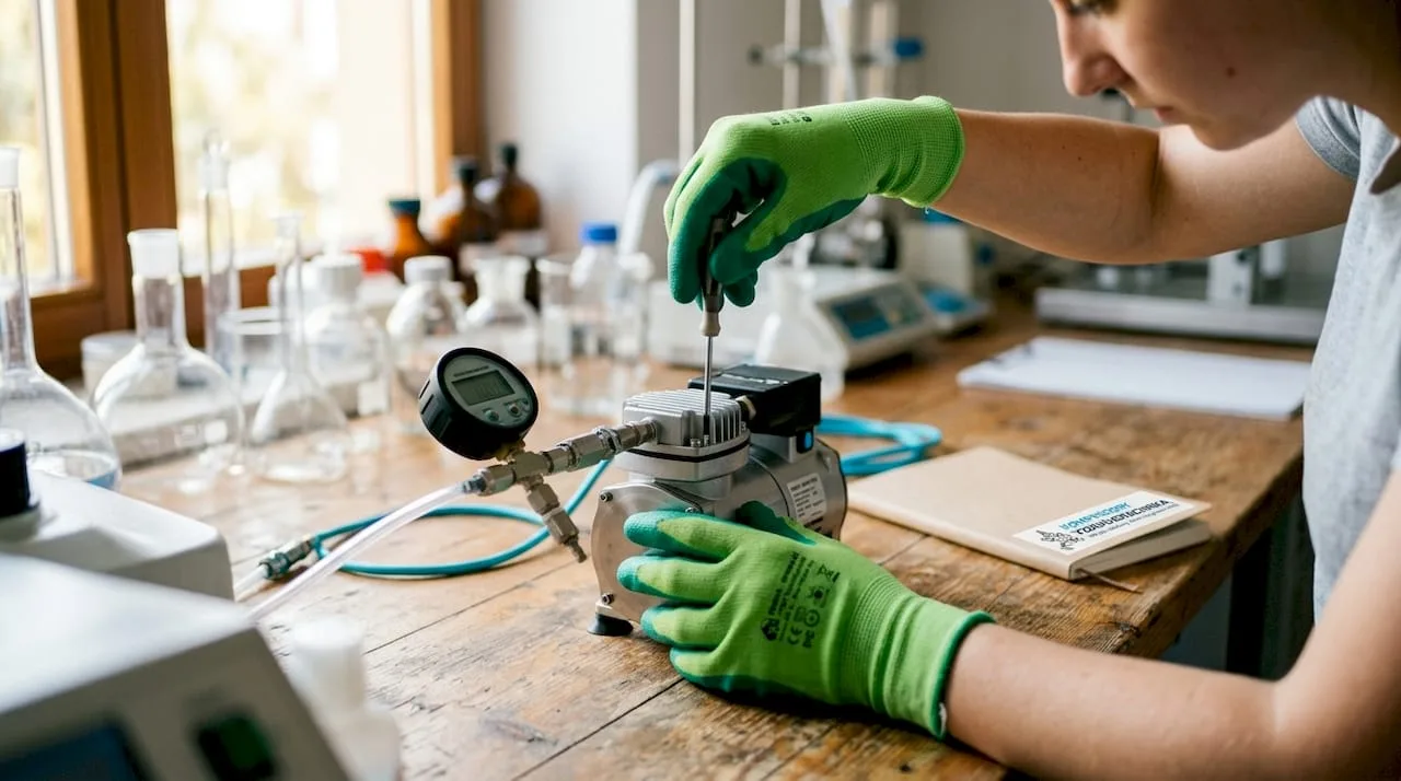 V laboratoři technik provádí úpravy na membránovém kompresoru.
