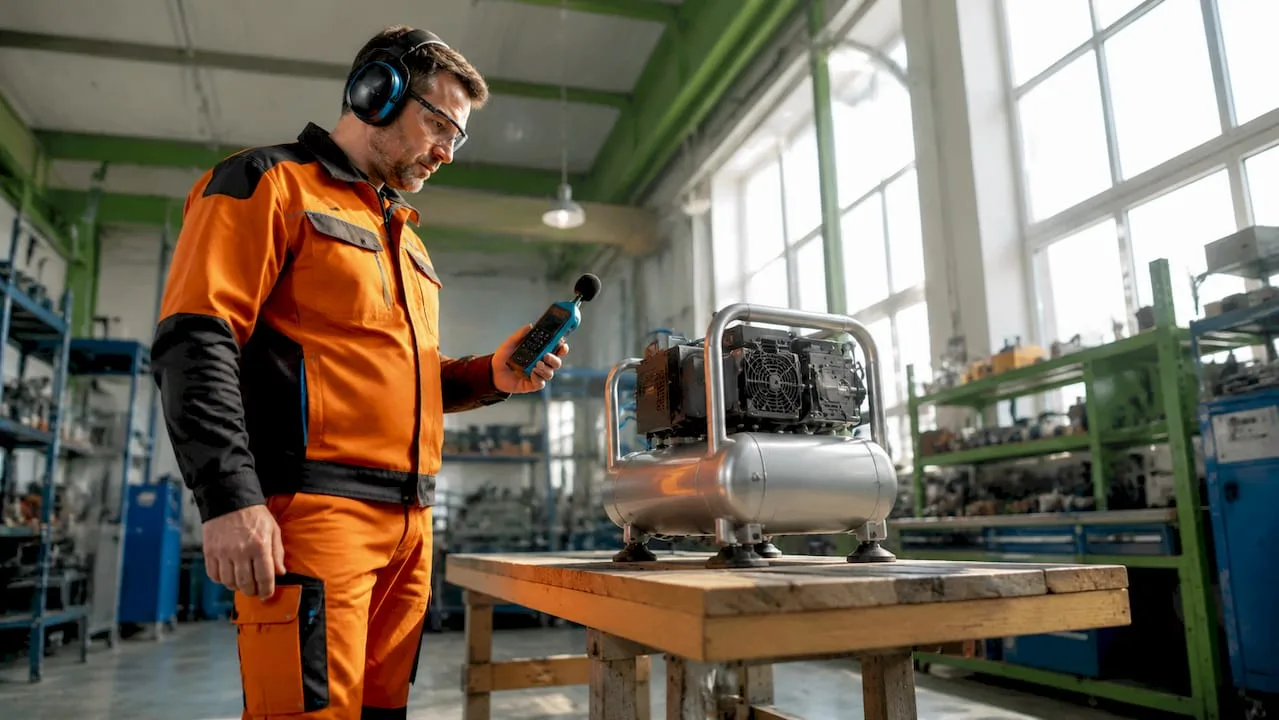 Technik kontroluje hlučnost v blízkosti tichého kompresoru.