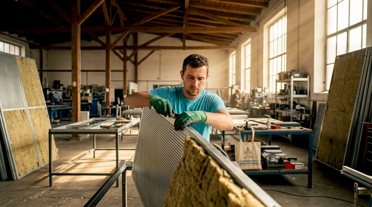 Ruce při montáži akustické izolace z minerální vlny