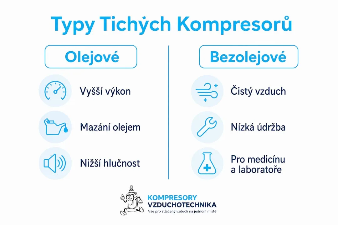Přehledné srovnání olejových vs. bezolejových kompresorů v infografice