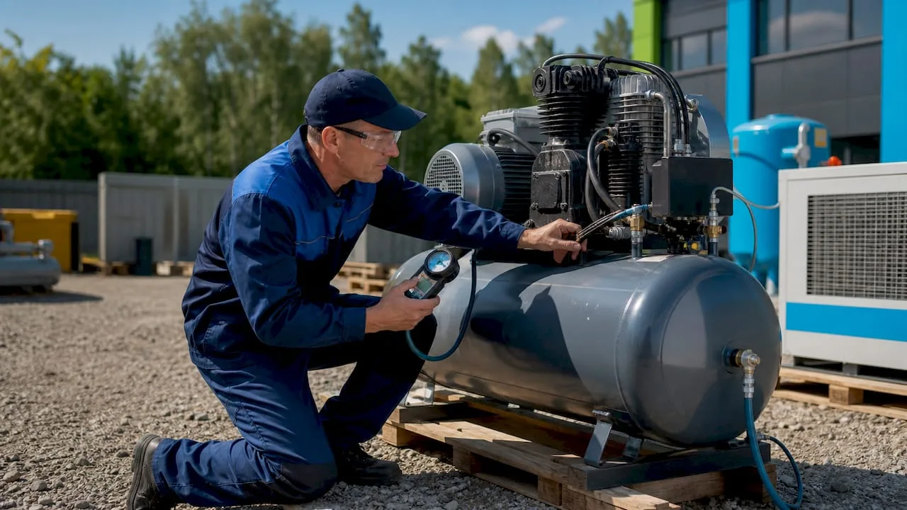 Technik provádí kontrolu kompresního poměru u kompresoru.