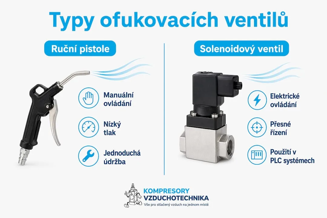 Přehledová infografika srovnávající různé typy ofukovacích ventilů