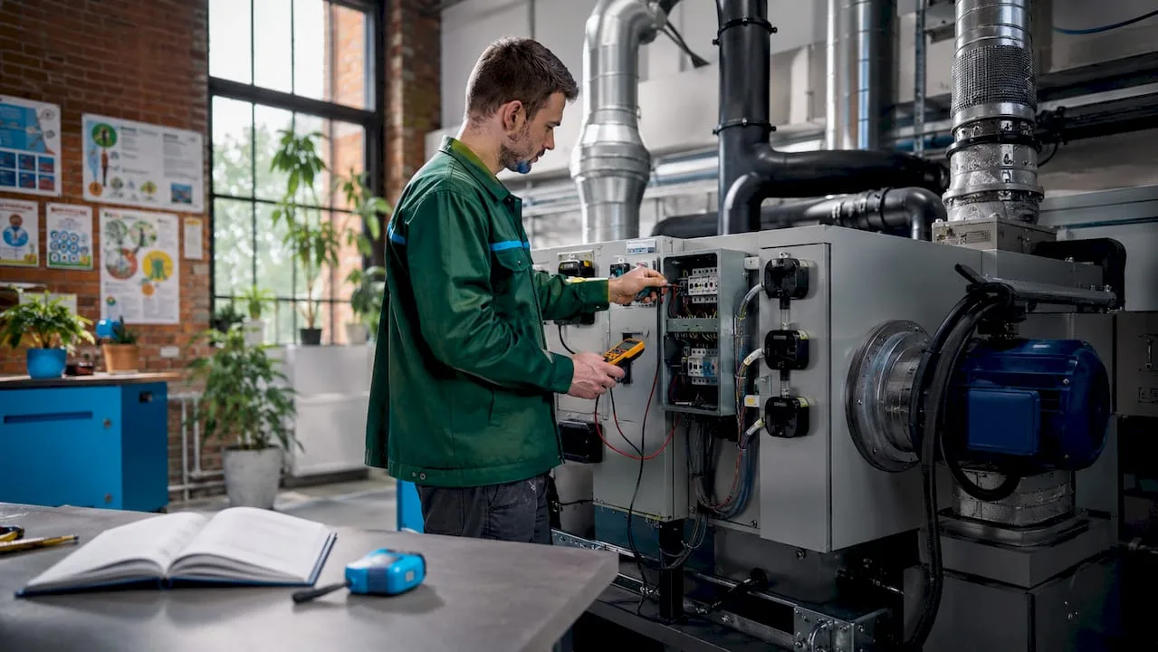 Technik právě nastavuje ovládací panel průmyslové vzduchotechniky.
