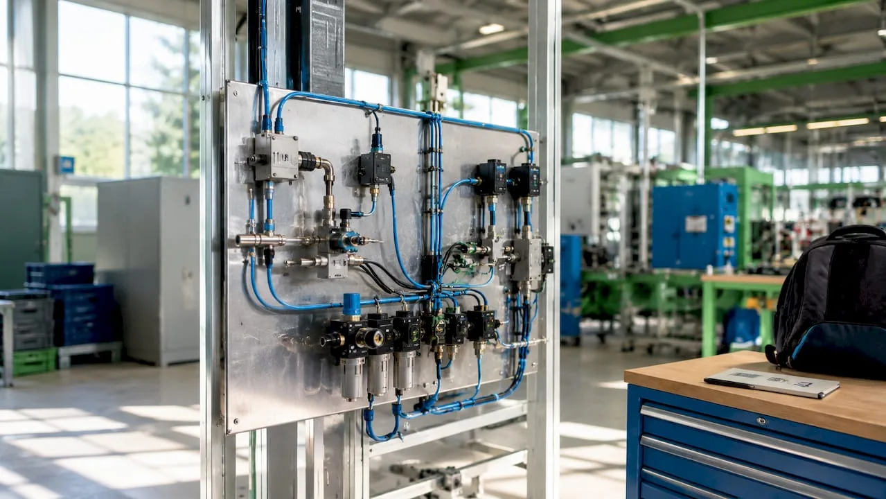 Detailní pohled na nainstalované IoT senzory pro pneumatiku a ovládací panel