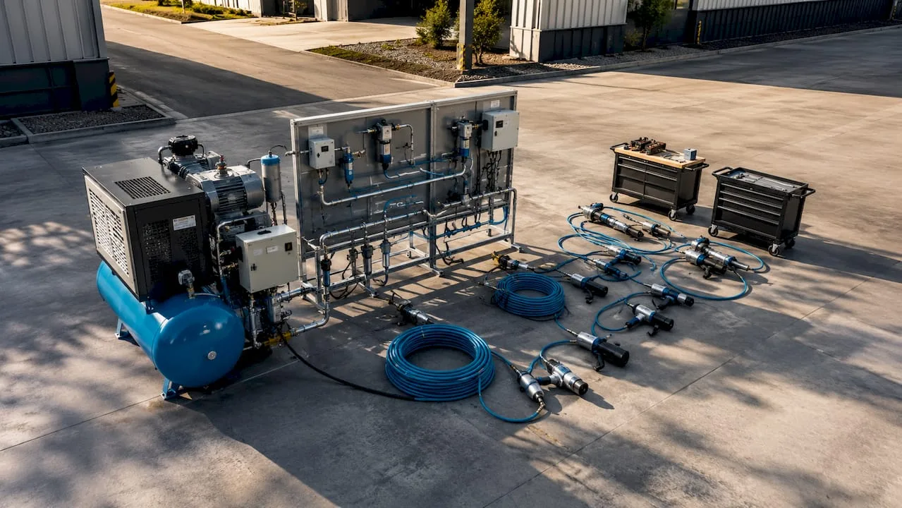 Průmyslová dílna vybavená pneumatickými systémy s podporou IoT technologií