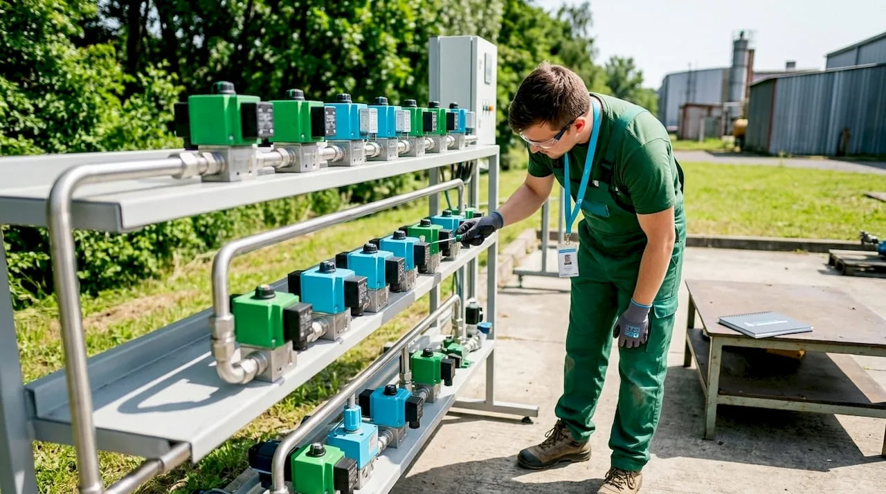 Ruce v rukavicích upravují nastavení 3/2-cestných pneumatických ventilů na ovládacím panelu.