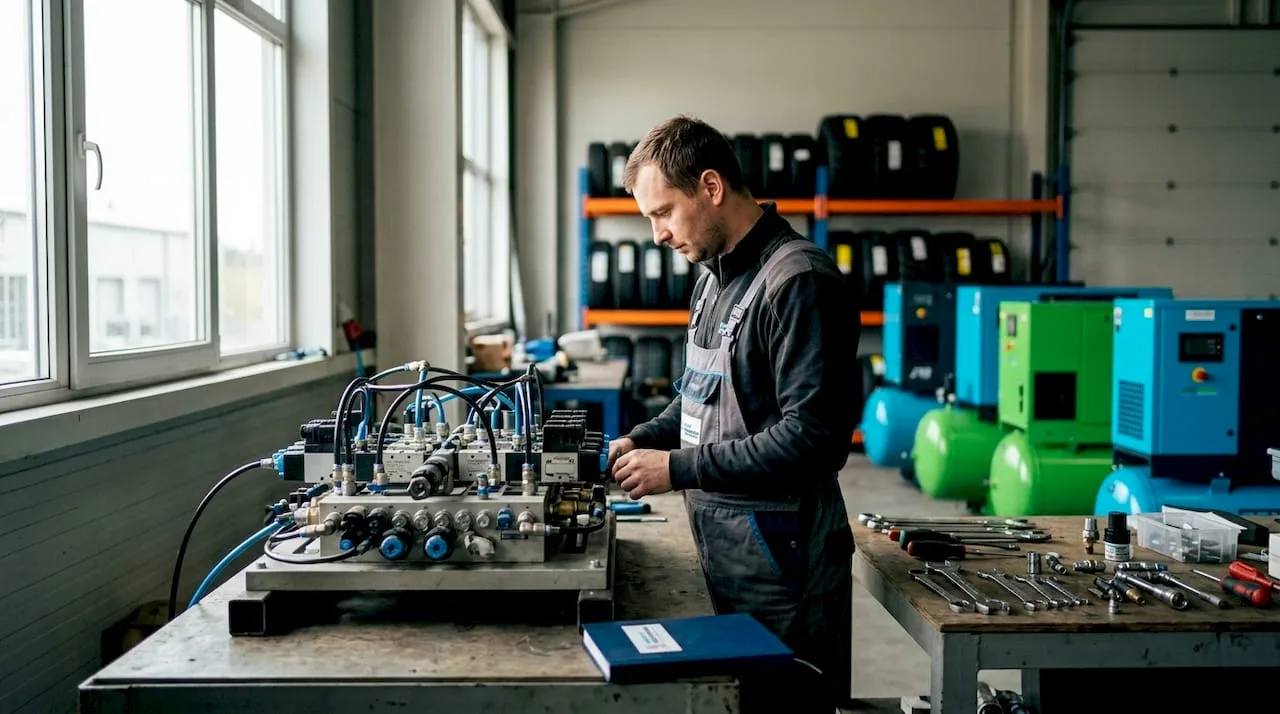 Technik kontroluje sestavu pneumatických ventilů v dílně.