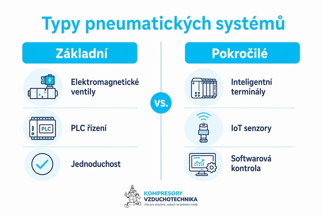 Přehled nejčastějších typů pneumatických systémů v infografice