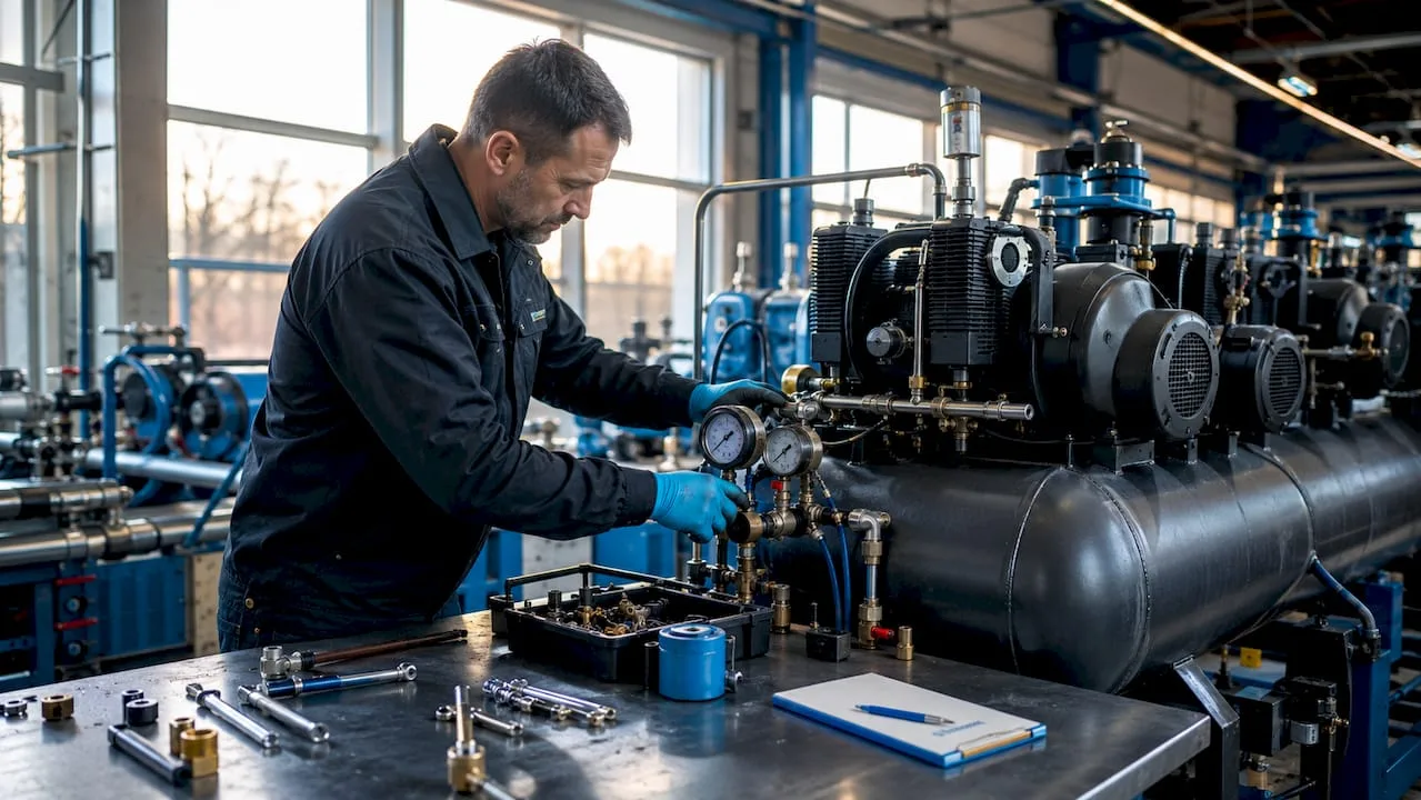 Technik provádí kontrolu tlakového vzduchového zásobníku v průmyslovém provozu.