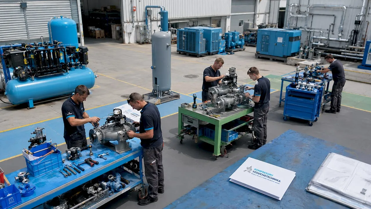 Automechanici v dílně pracují s pneumatickým nářadím