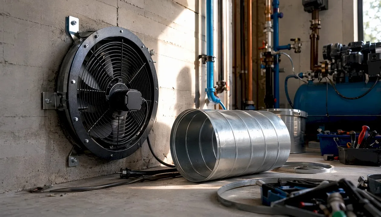 Ve stěně kompresorovny je zabudován axiální ventilátor pro účinné větrání prostoru.