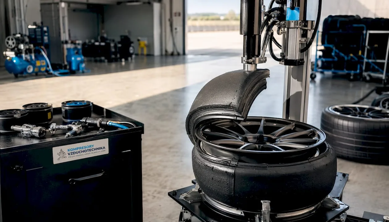 Montáž vložky do pneumatiky pro motorsport na speciálním stojanu