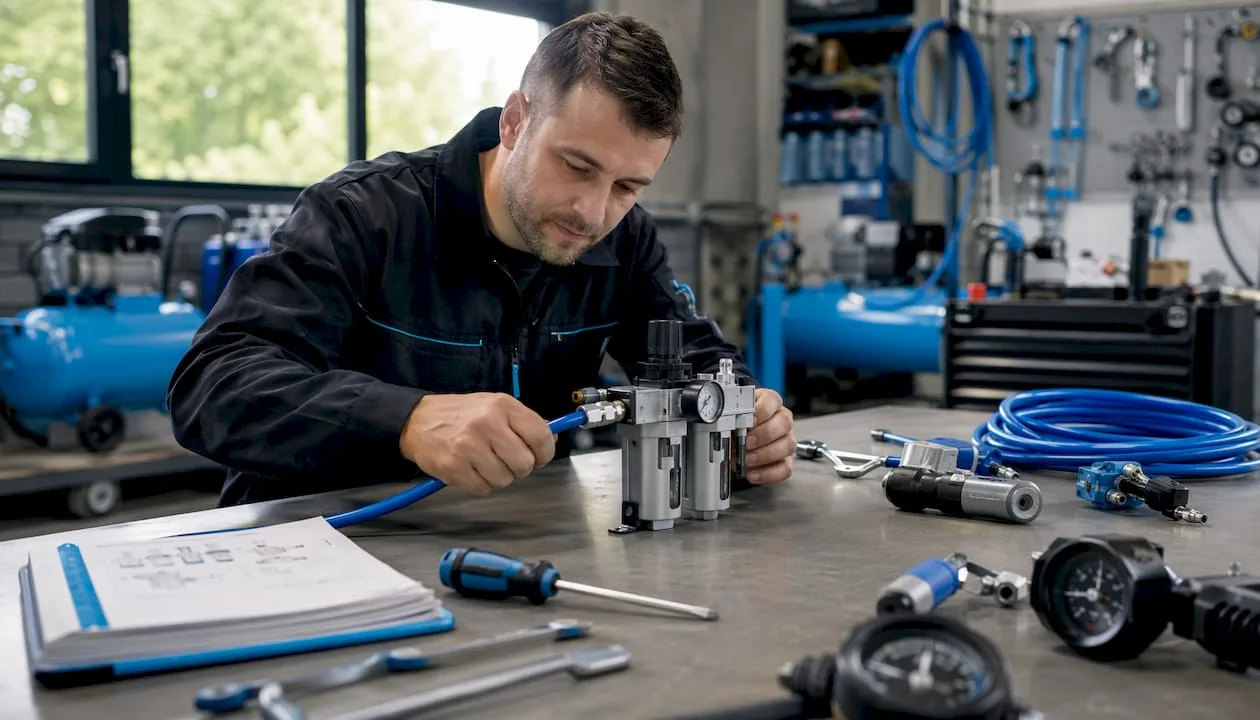 Technik právě skládá modulární pneumatickou sestavu FRL.