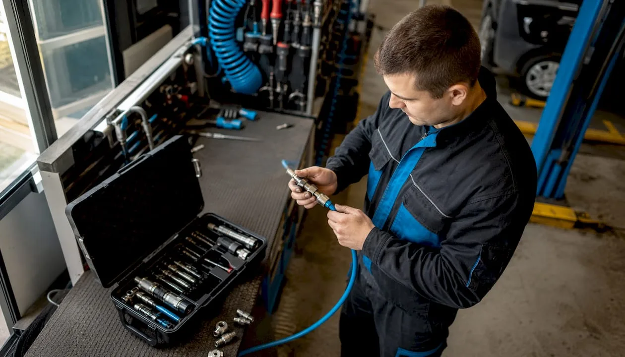 Technik kontroluje tlakovou hadici v dílně.