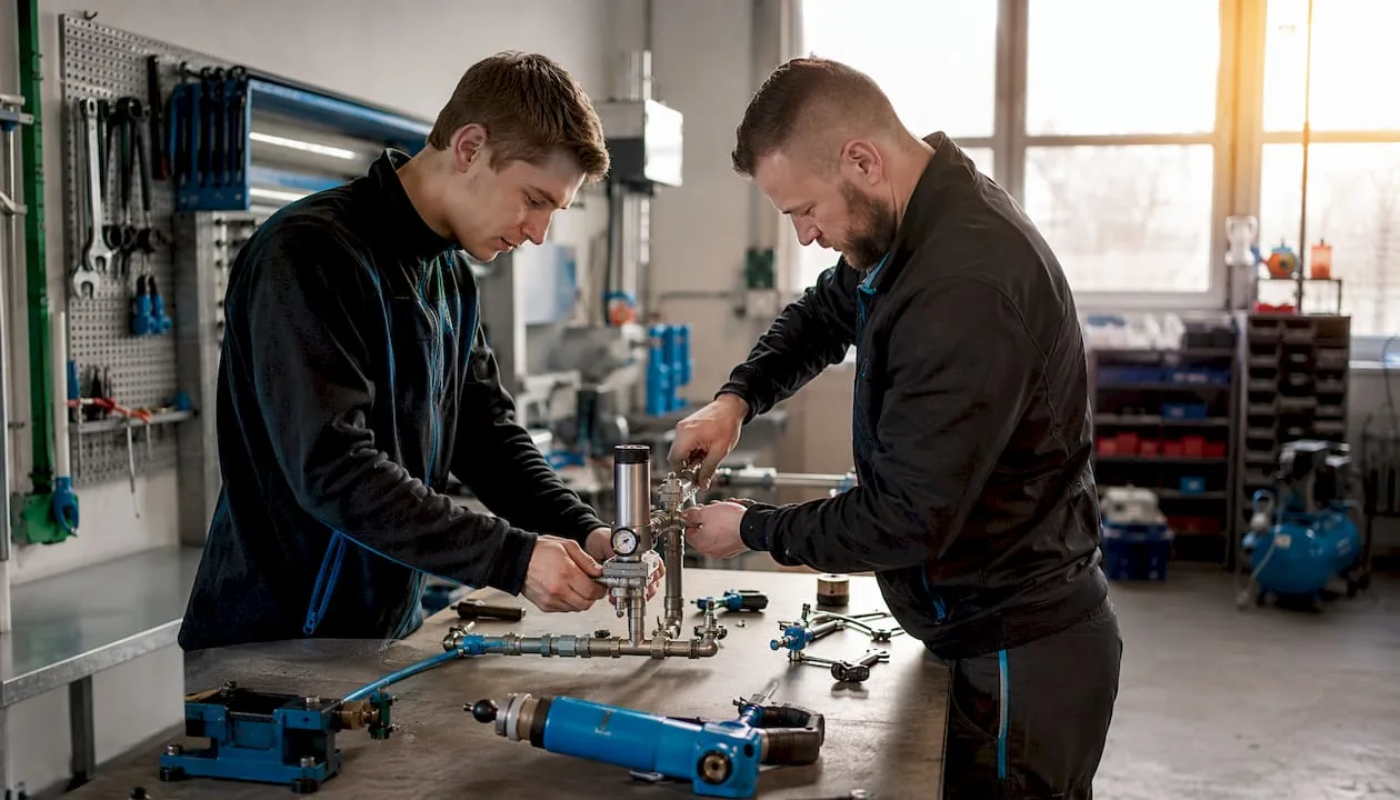 Montáž průtokoměru v moderně vybaveném autoservisu