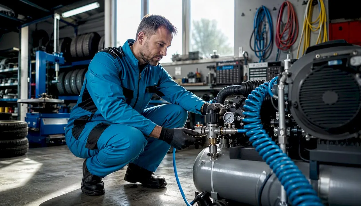 Servisní technik kontroluje stav kompresoru přímo v dílně.