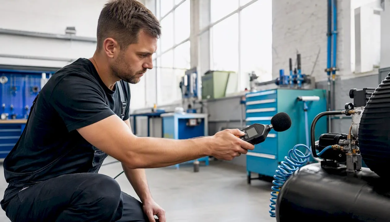 Technik kontroluje hlučnost vzduchového kompresoru pomocí měřicího přístroje.