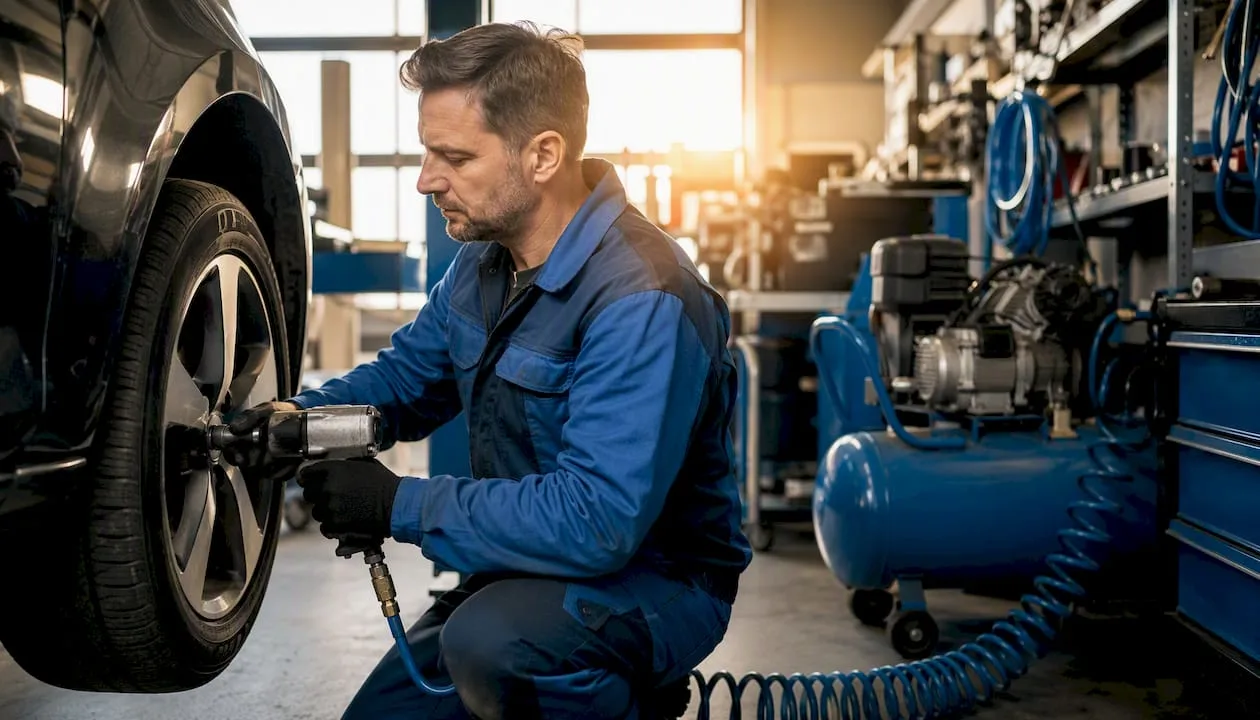 Automechanik v dílně utahuje šrouby pomocí pneumatické utahovačky.