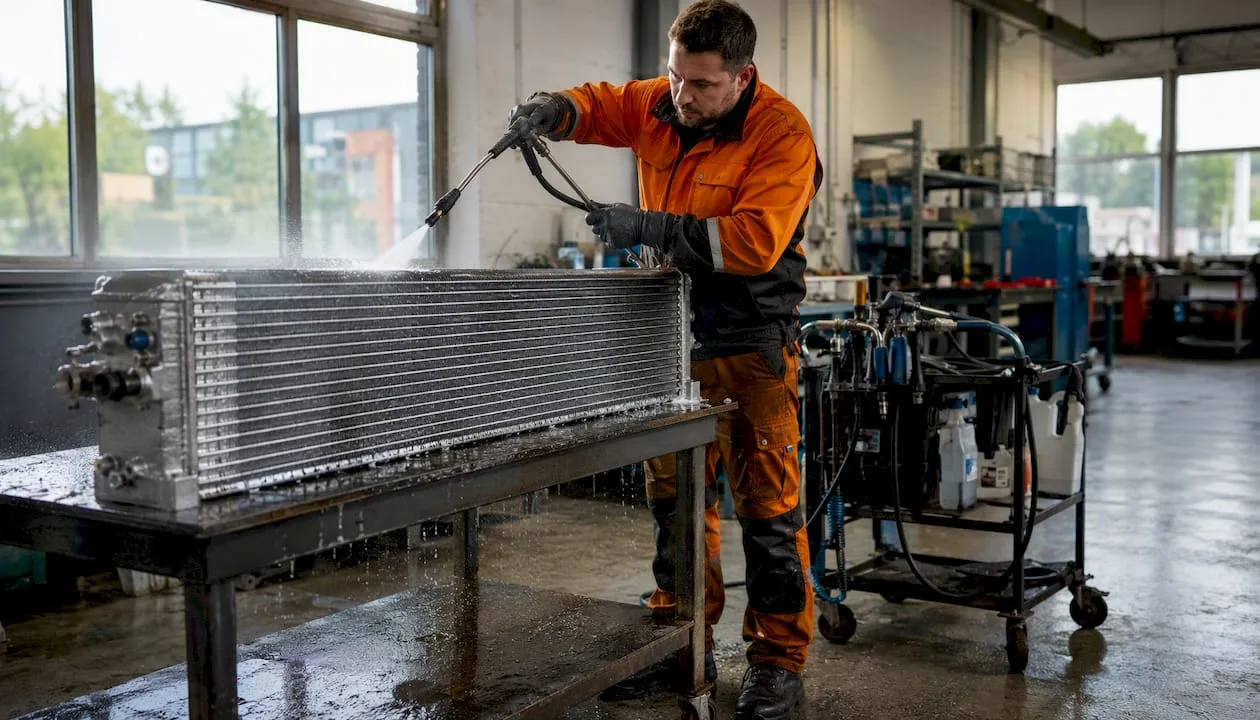 Servisní technik provádí čištění výměníku tepla kompresoru venku