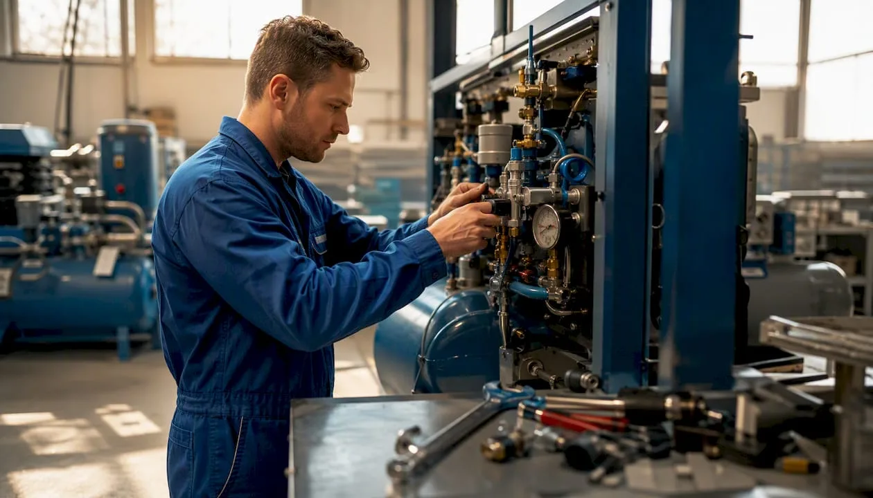 Technik nastavuje ovládání průmyslového vzduchového kompresoru.