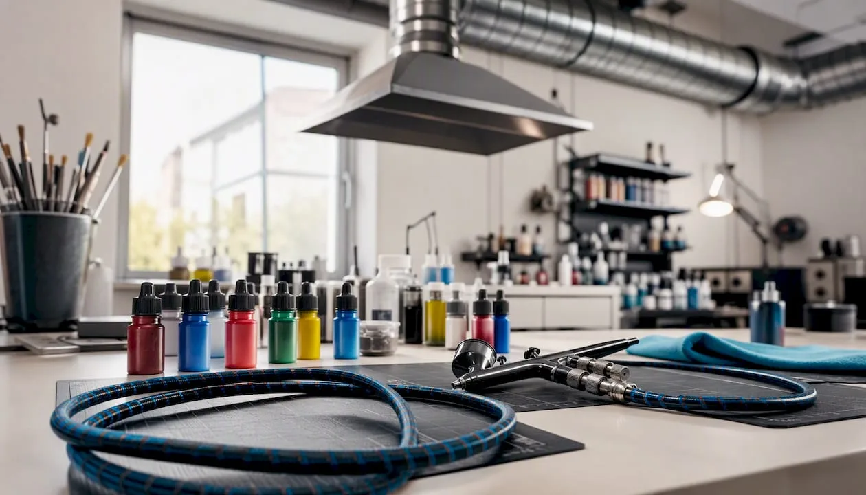 Na pracovním stole v dílně jsou připravené airbrush vybavení a barvy.