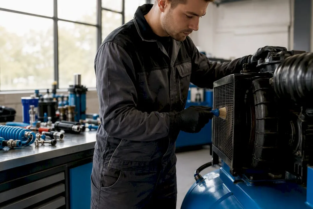 Technik provádí čištění chladicích žeber kompresoru.