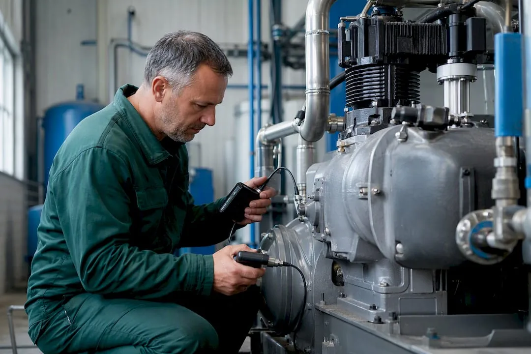 Technik provádí měření vibrací na ložisku kompresoru.