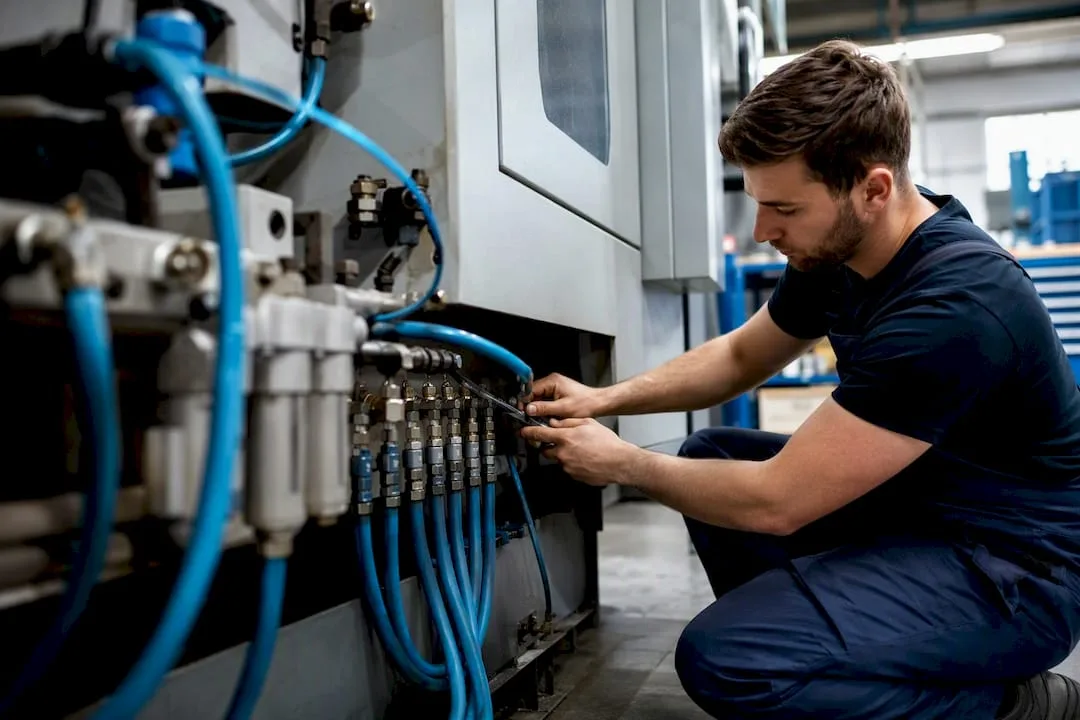 Detail pneumatických vzduchových rozvodů v CNC dílně