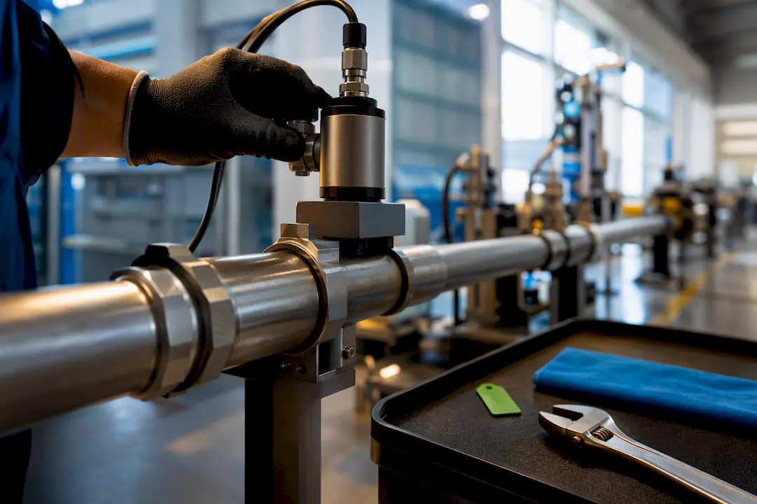 Technik kontroluje snímač průtoku stlačeného vzduchu