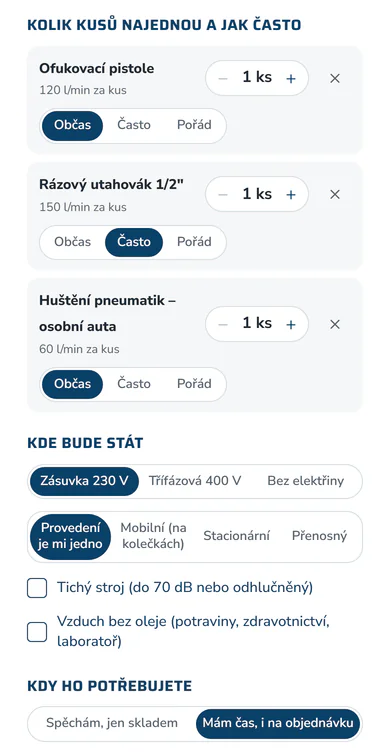 Kalkulačka v mobilu: počet kusů a jak často s nářadím pracujete, napájení 230 V, 400 V nebo bez elektřiny, provedení stroje a další volby