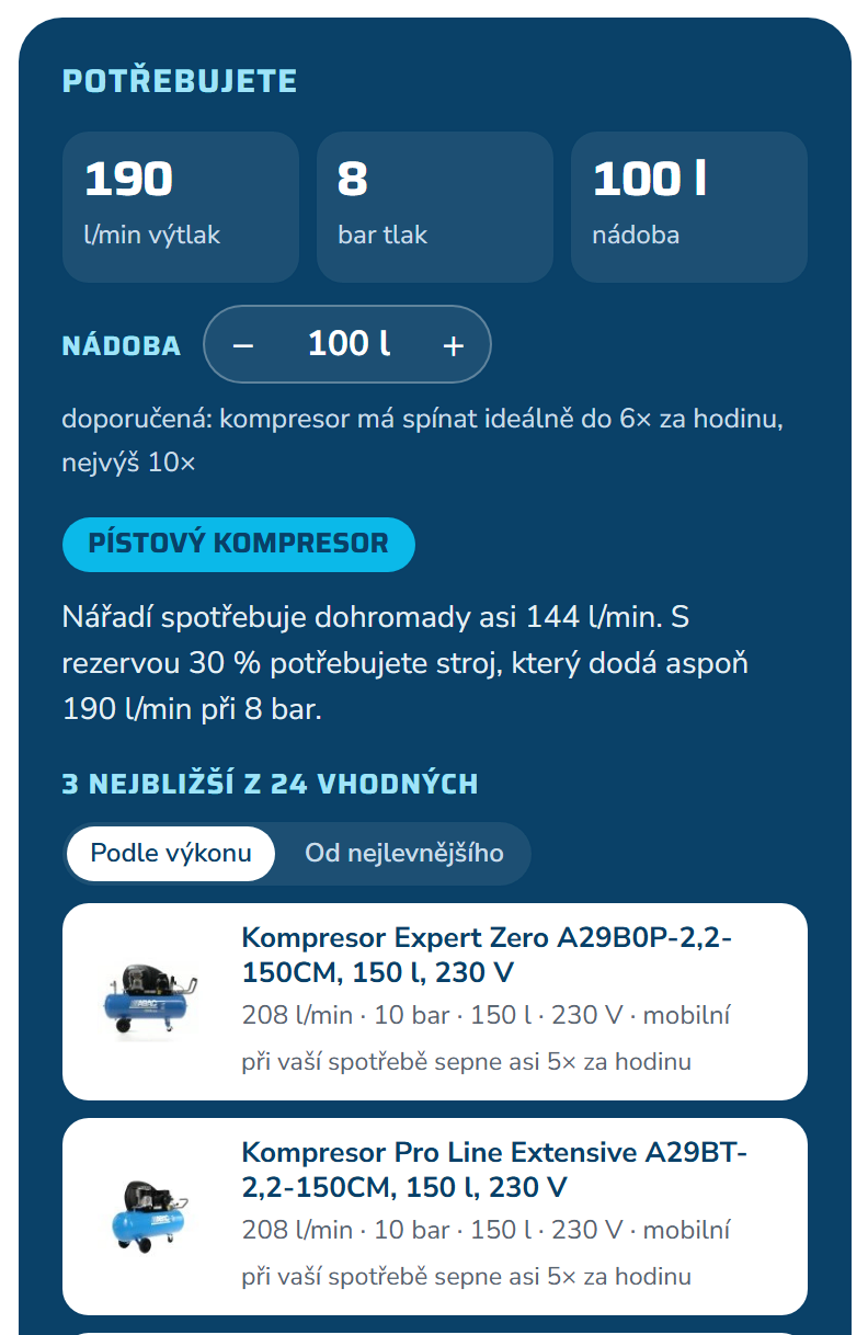 Výsledek kalkulačky: výtlak 190 l/min, tlak 8 bar, nádoba 100 l, pístový kompresor a vhodné stroje z nabídky