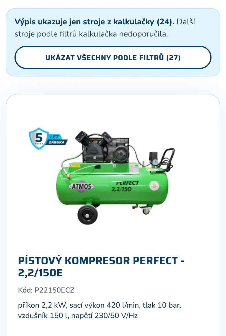 Výpis kompresorů vyfiltrovaný kalkulačkou v mobilu: lišta ukazuje jen stroje z kalkulačky a tlačítko pro zobrazení všech strojů podle filtrů