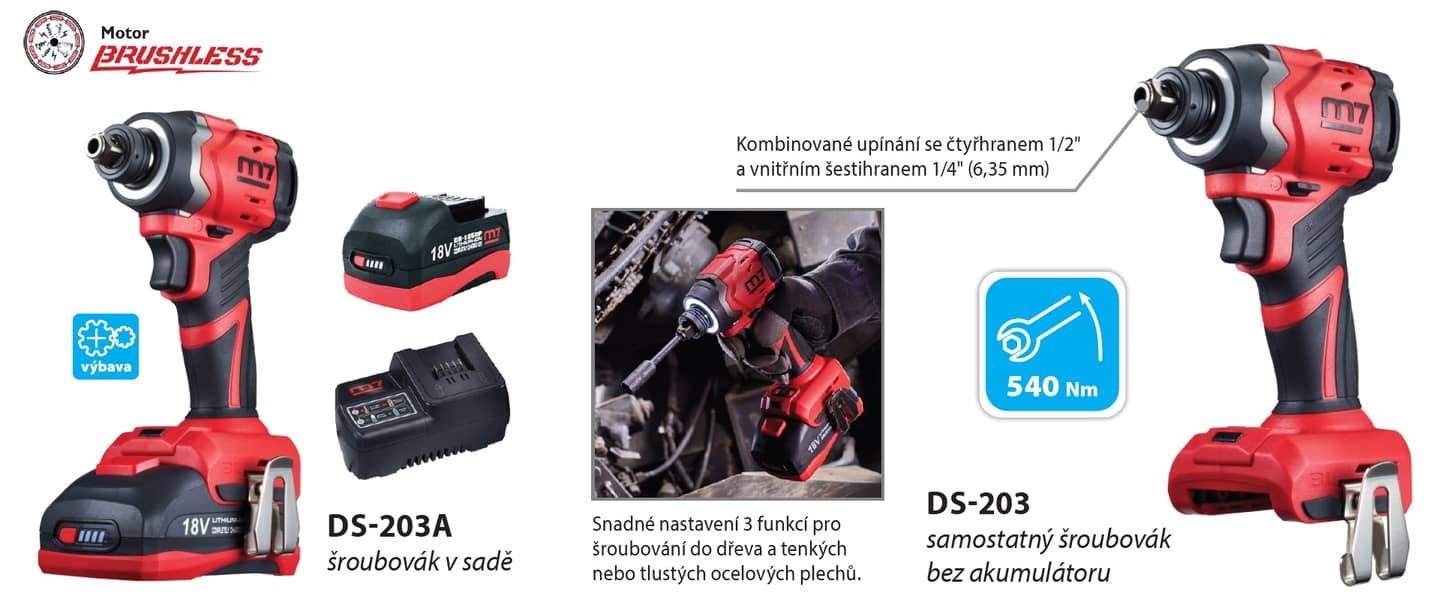 lehký a silný šroubovák s jedinečným upínáním pomocí vnějšího čtyřhranu 1/2" pro rázové