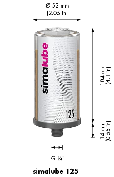 Rozměry automatické maznice simalube 125 ml (Ø, výška, závit)