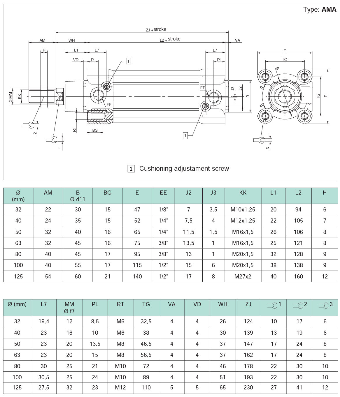 Výkres dvojčinné pneumatické válce AMA s magnety a tlumením ISO 15 552