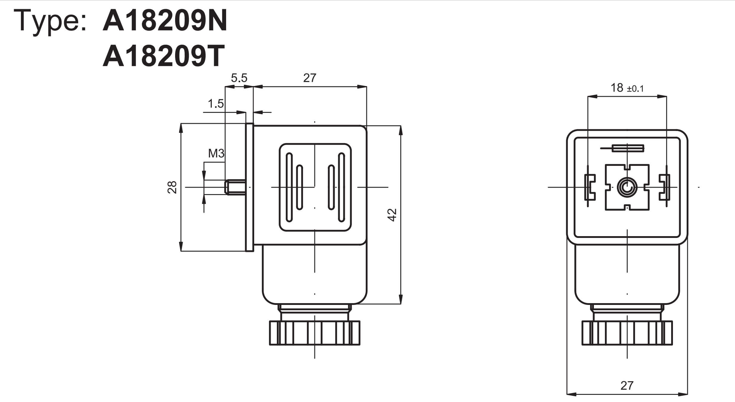 Technický výkres konektoru A18209N k cívkám ASA2 pro velikosti ISO1 a ISO2