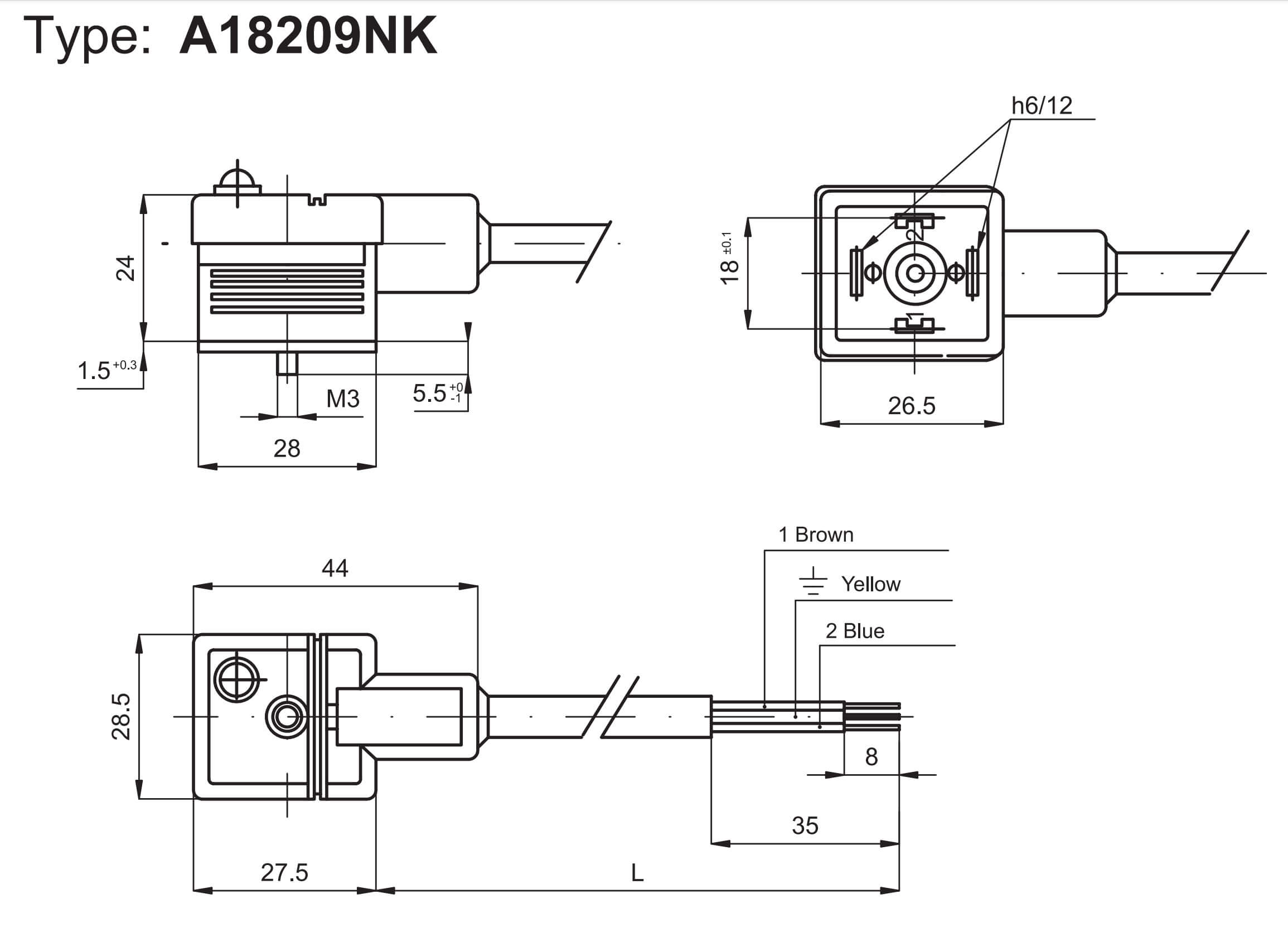 Technický výkres konektoru A18209NK k cívkám ASA2 pro velikosti ISO1 a ISO2