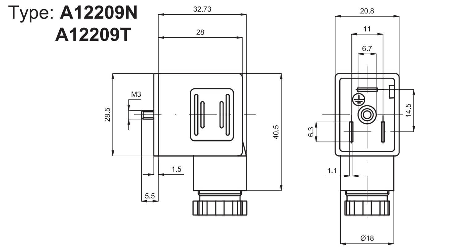 Výkres konektoru A12209N pro cívky ASA12 pro elektromagnetické ventily v automatizaci