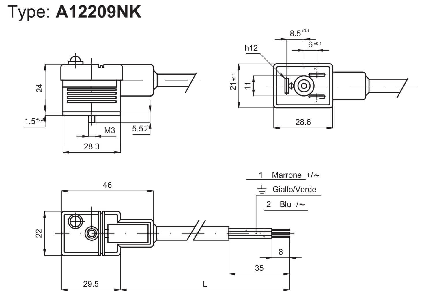 Výkres konektoru A12209NK pro cívky ASA12 pro elektromagnetické ventily v automatizaci