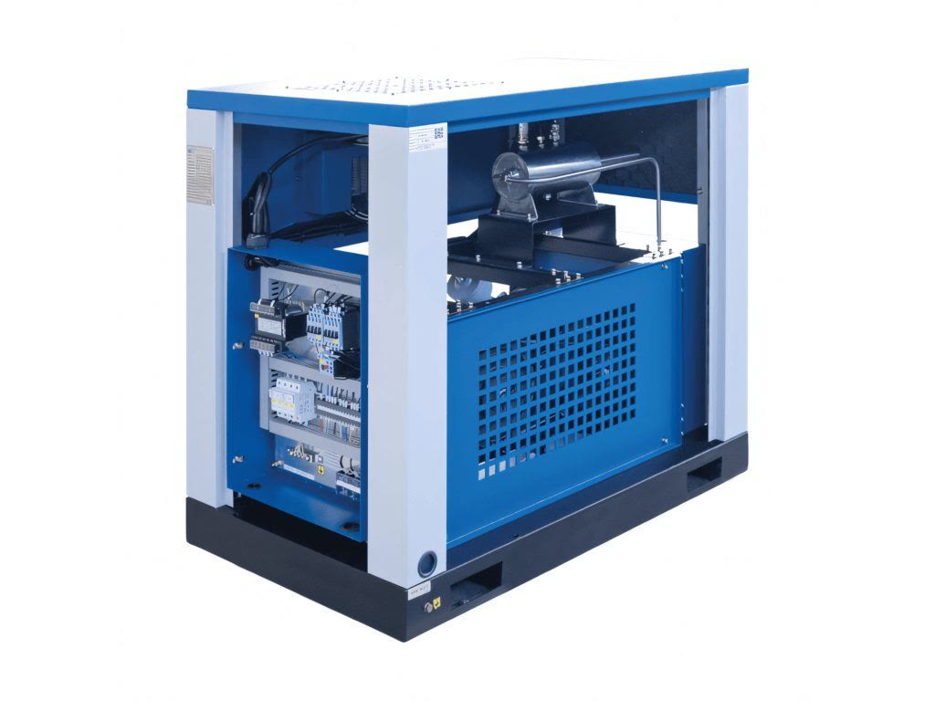 Open electrical cabinet of the SCR-XA scroll compressor with breakers and terminal block